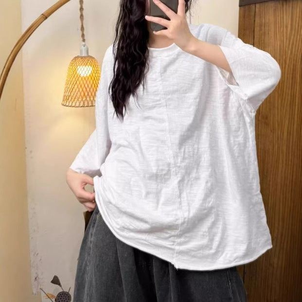 Trendy Ribbed Neck Top in Bamboo Cotton - Loose and Slim Fit for Spring