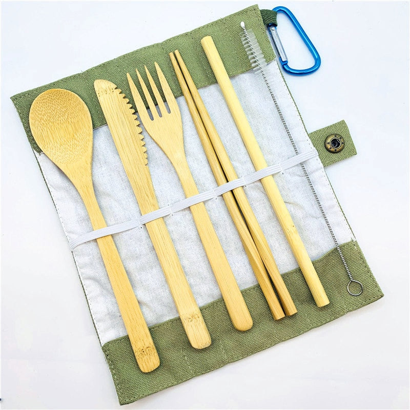 7-Piece Portable Bamboo Cutlery Set - Reusable Zero Waste Kit