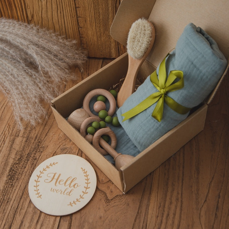 Natural cotton and eco-friendly wood sensory gift set